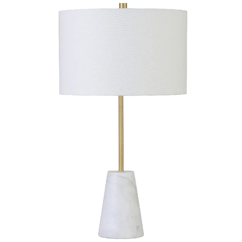 26" Gold and White Marble Table Lamp With White Drum Shade