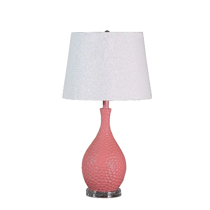 28" Pink Hammered Urn Table Lamp With White Tapered Drum Shade