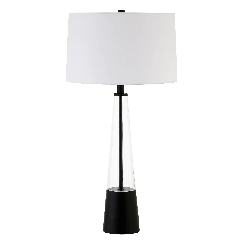 29" Black and Clear Metal and Glass Table Lamp With White Drum Shade