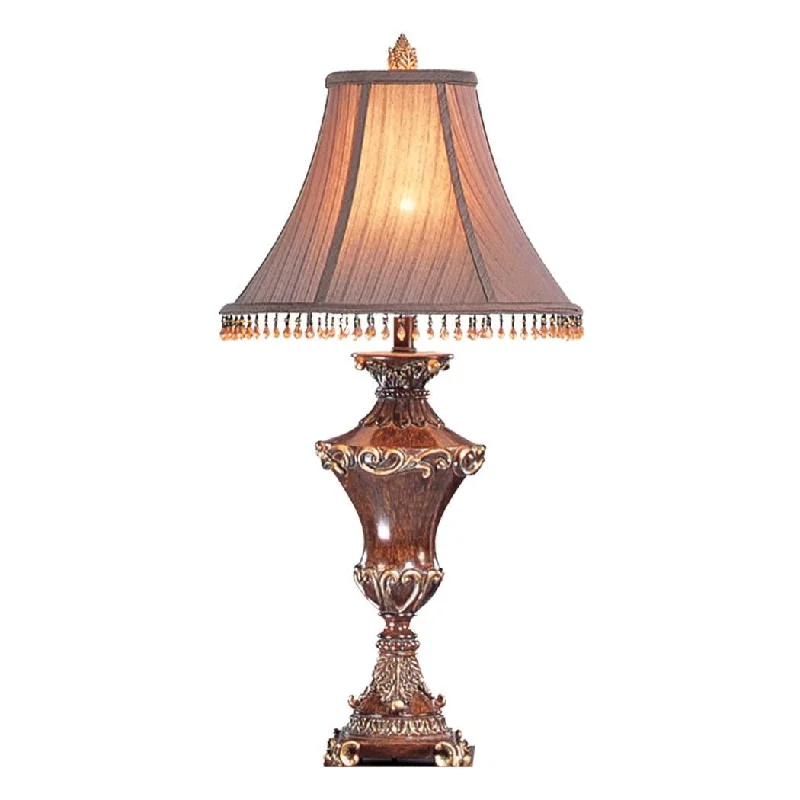 32" Bronze Urn Table Lamp With Brown Bell Shade and Hanging Beads