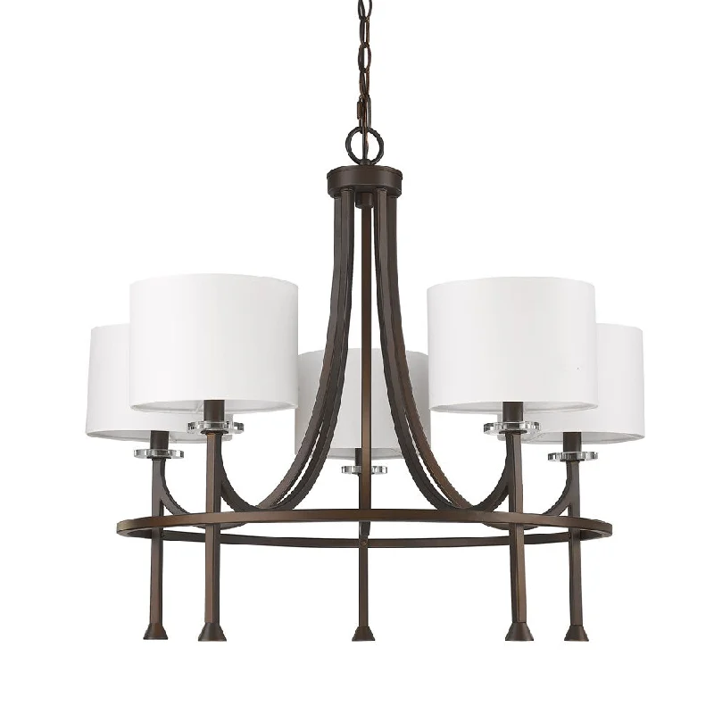 Brown Candle Style Five Light Metal and Crystals Dimmable Chandelier With White Shades