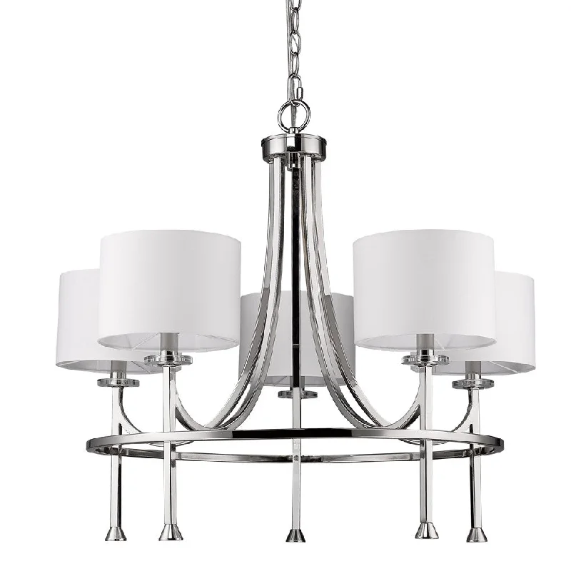 Silver Candle Style Five Light Metal and Crystals Dimmable Chandelier With White Shades