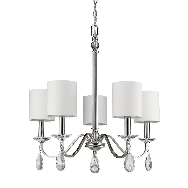 Silver Candle Style Five Light Metal and Crystals Dimmable Chandelier With White Shades