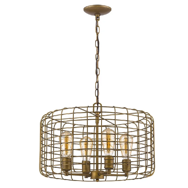 Lynden 4-Light Raw Brass Drum Pendant With Wire Cage Shade