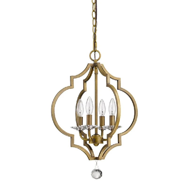 Brass Candle Style Four Light Metal and Crystals Dimmable Chandelier