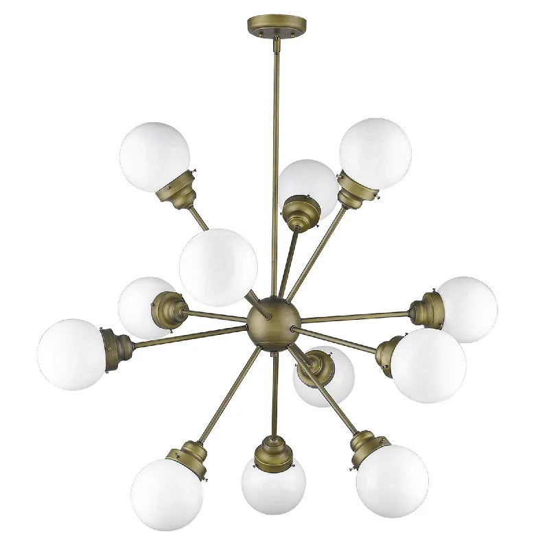 Bronze Sputnik Twelve Light Frosted Metal Dimmable Chandelier With Off White Shades