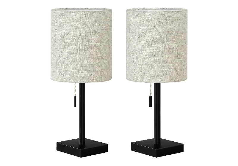 Set of Two 17" Black Metal Candlestick USB Table Lamps With Beige Drum Shade