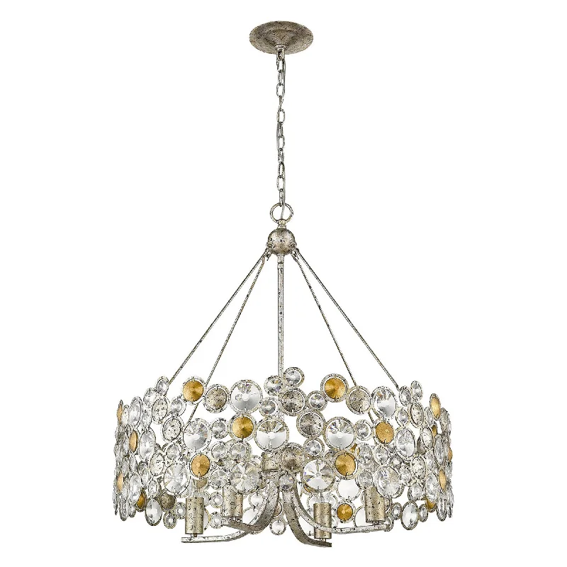 Silver Shaded Four Light Metal and Crystals Dimmable Chandelier With Silver Shades